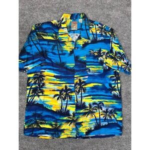 Pineapple Connection‎ Hawaiian Shirt Men XL Blue Yellow Palm Tree Button-Up